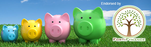 Endorsed by FortiFynance. 4 piggy banks of different colors sitting on grass.