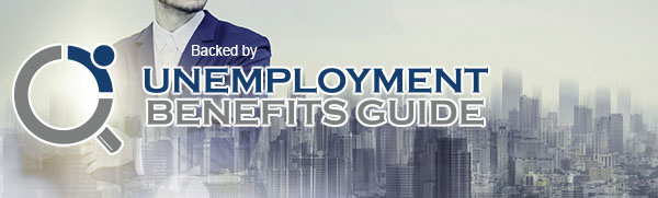 cityscape with businessman backed by unemployment benefits guide