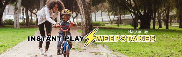 Backed by Instant Play Sweepstakes. A mother teaching her son to ride a bike.