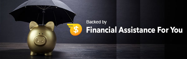 Backed by FinancialAssistanceForYou. A piggy bank with an umbrella.