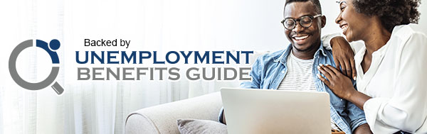 Backed by Unemployment Benefits Guide. A couple laughing on the couch while looking at laptop.