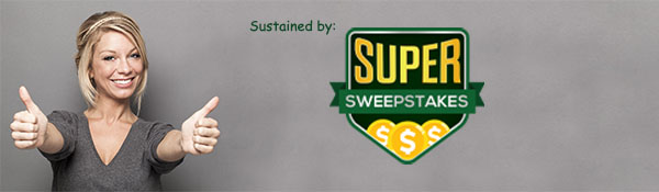 Sustained by Super Sweepstakes. Logo and woman with two thumbs up.