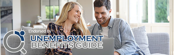 Endorsed by Unemployment Benefits Guide. A woman looking at a man using a laptop.